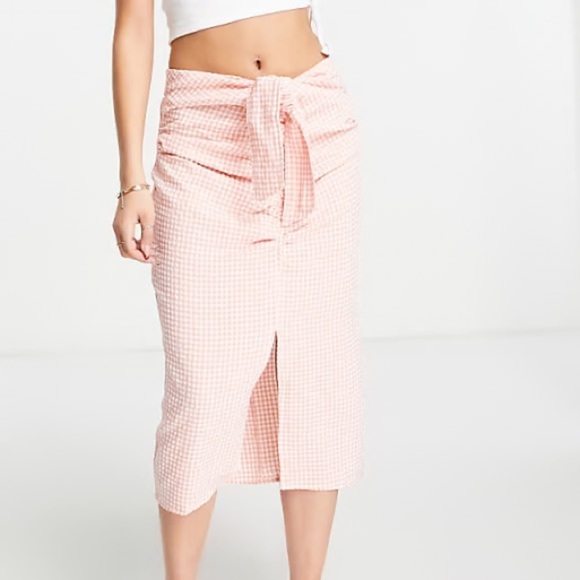 Mango pink & white gingham Falda ruched midi skirt - size Small (S) NWT - Picture 3 of 6